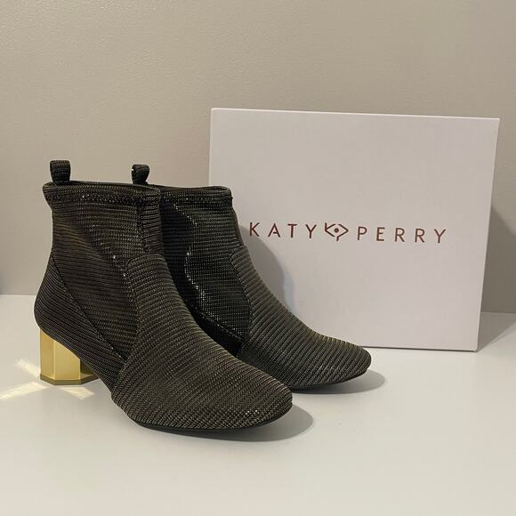 Katy Perry Diana Ankle Booties Stretch Pull On Metallic Gold Block Heels sz 7.5 - Picture 3 of 13